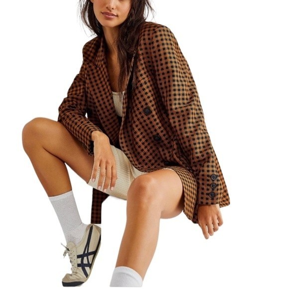 FREE PEOPLE ASHBY VINTAGE INSPIRED PLAID BLAZER IN BROWN NWOT - Picture 5 of 12